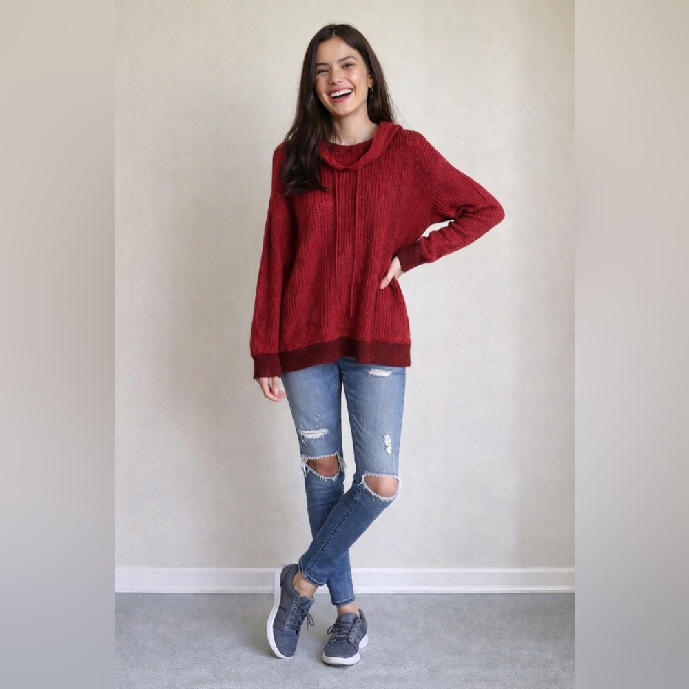 ❤️ Cut Red Oversized Hooded Sweater